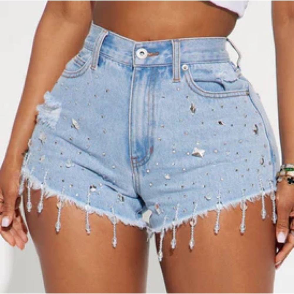 Fashion Nova Oh So Icy Embellished Denim Shorts Light Blue Wash